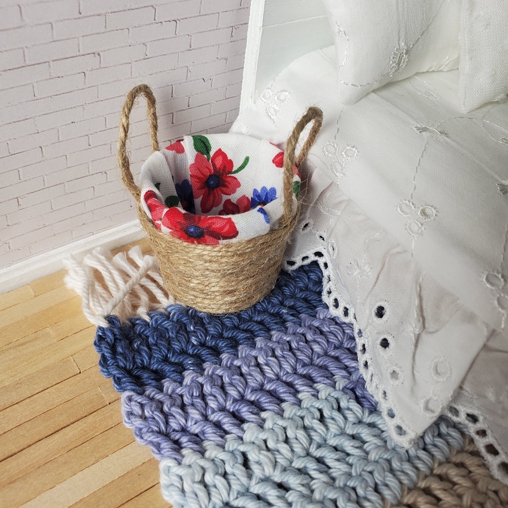 Miniature Dollhouse Woven Basket with Floral Liner 1:12 Scale